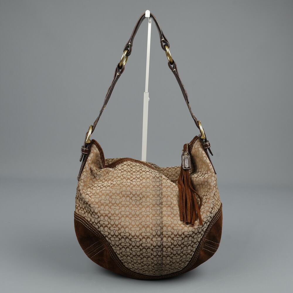 Vintage Coach Signature Canvas Brown Suede Hobo Shoulder Bag Charm Tassel Y2K